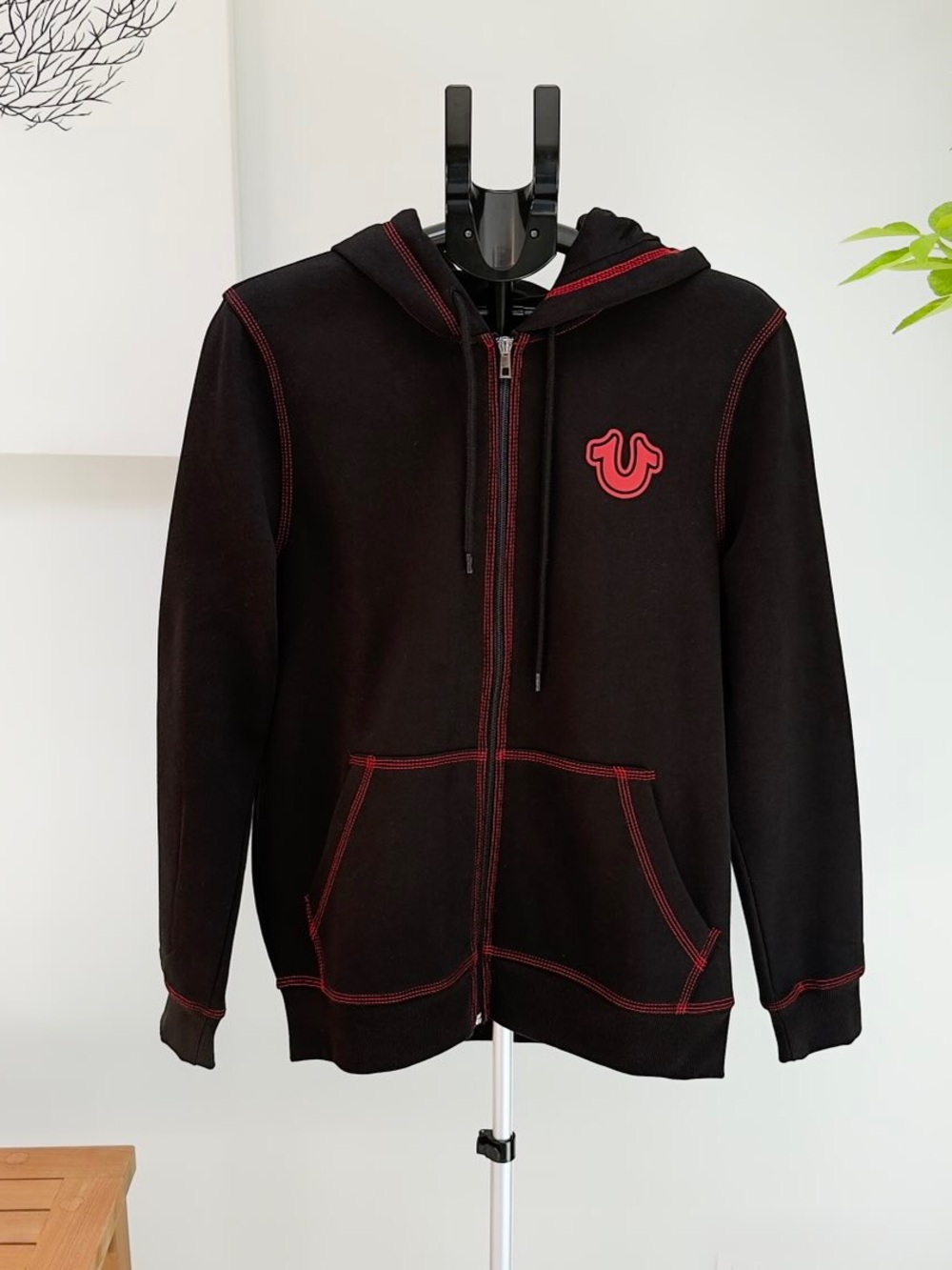 True Religion Black Zip Hoodie with Red Contrast Stitching